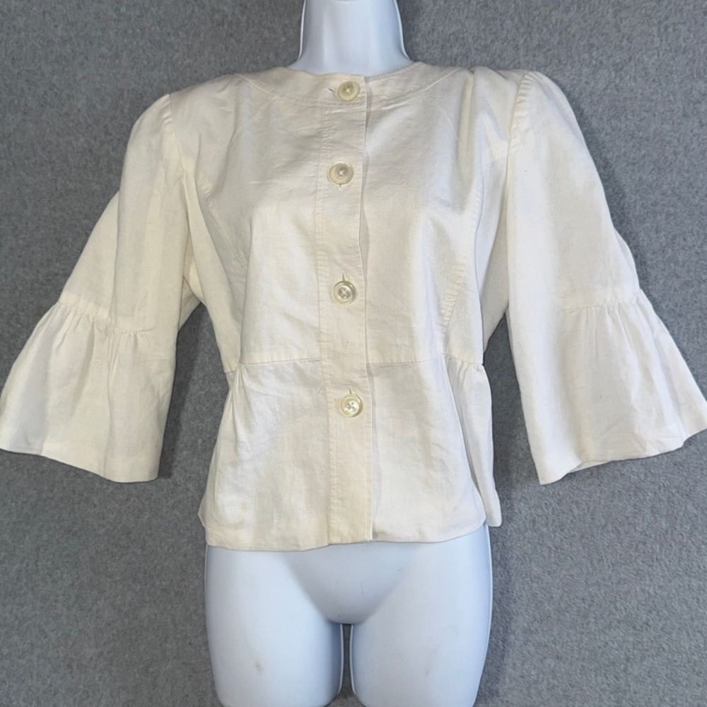 George ME Mark Eisen Arctic White Linen Blend Peplum Jacket Bell Sleeve Size 14